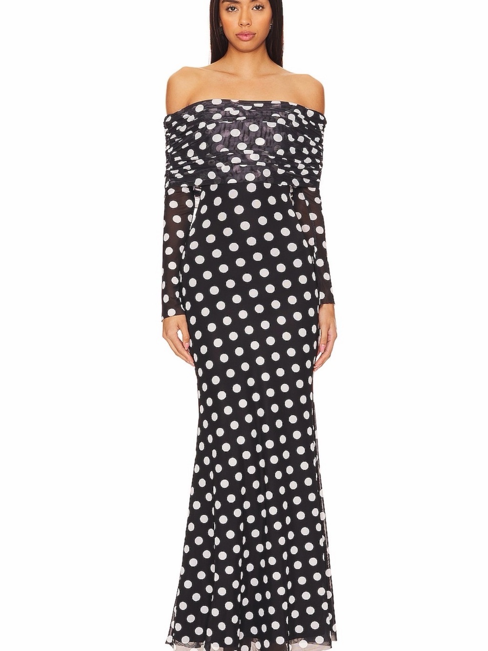 AFRM Black and White Polka Dot Off-Shoulder Maxi Dress